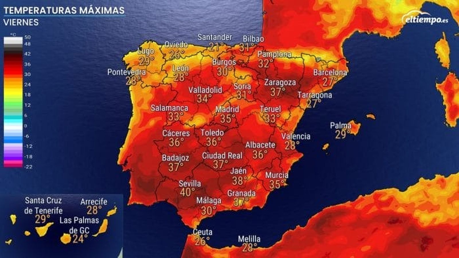 Temperaturas máximas previstas para el viernes, 30 de mayo.