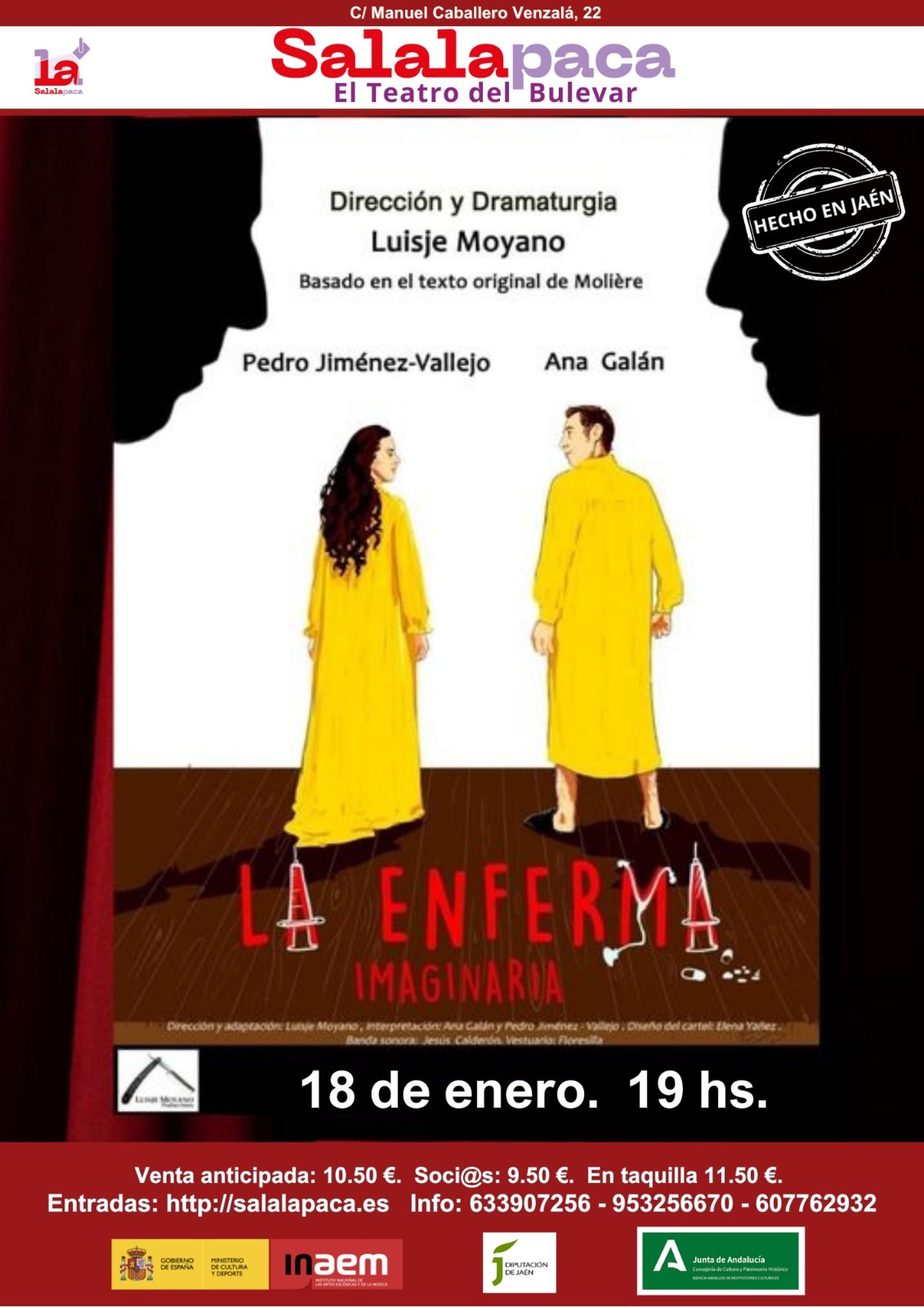La Sala La Paca acogerá 'La Enferma Imaginaria', adaptación de la obra de Molière dirigida por Luisje Moyano e interpretada por Pedro Jiménez-Vallejo y Ana Galán, el domingo 18 de enero a las 19:00 horas.