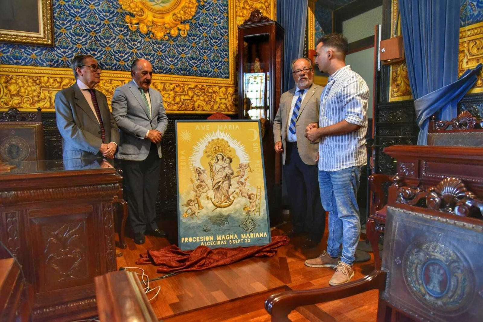 Miguel Carreño, José Ignacio Landaluce, Manuel Delgado y Manuel Jesús Márquez, junto al cartel Miguel Carreño, José Ignacio Landaluce, Manuel Delgado y Manuel Jesús Márquez, junto al cartel