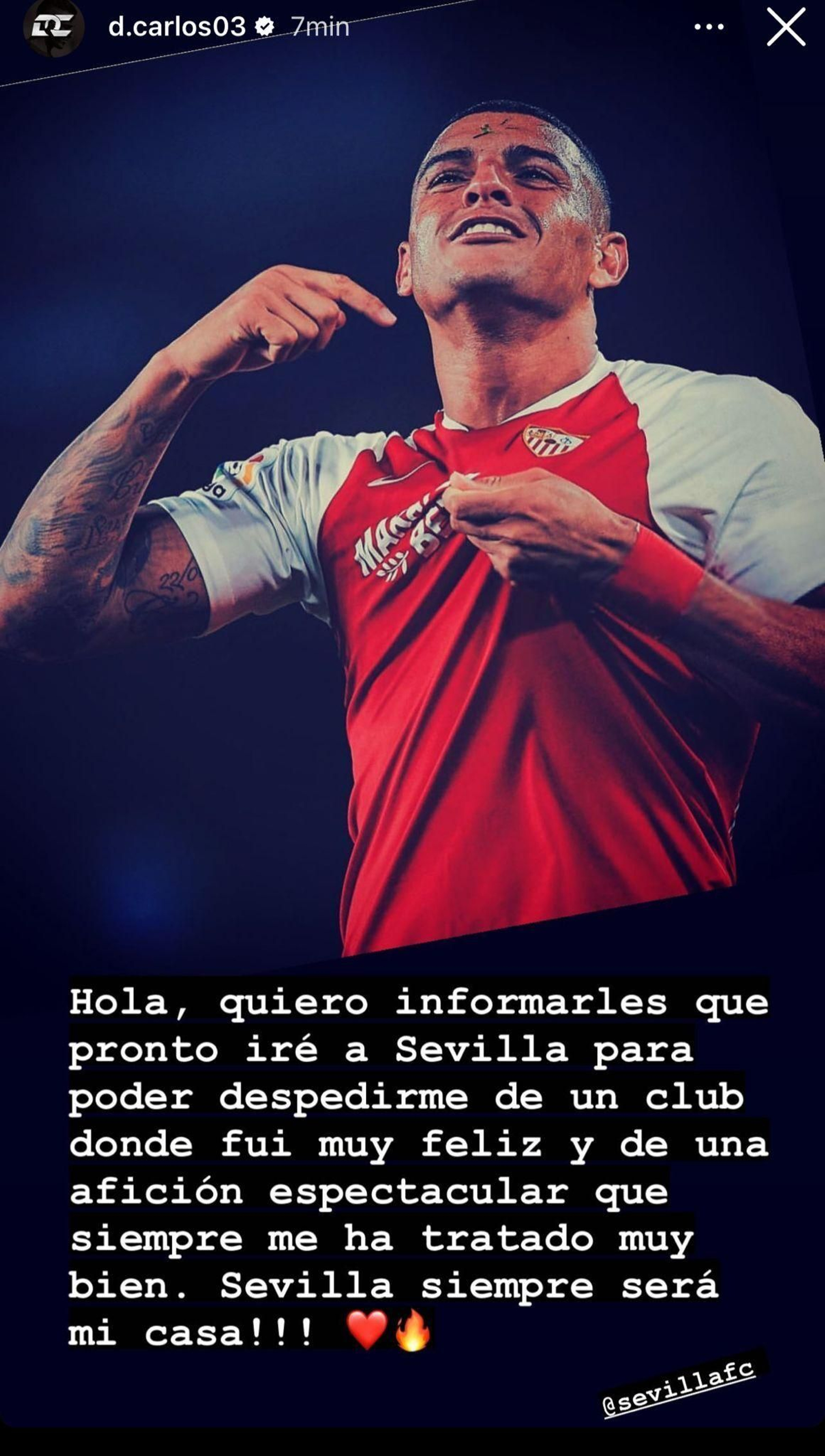 El mensaje de Diego Carlos en Instagram.