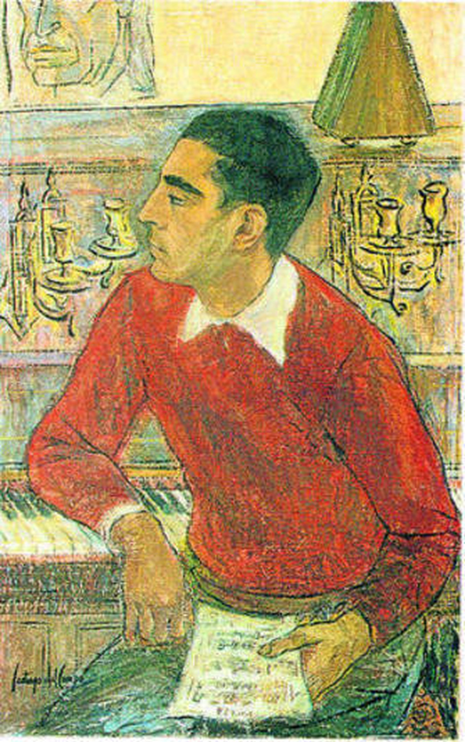 Un creador polifacético. Santiago del Campo en el año 2001 en su estudio de la calle Betis. A la izquierda, su celebrado 'Retrato de Mariano Peñalver' y a la derecha, el lienzo 'Las viejas' (1950).