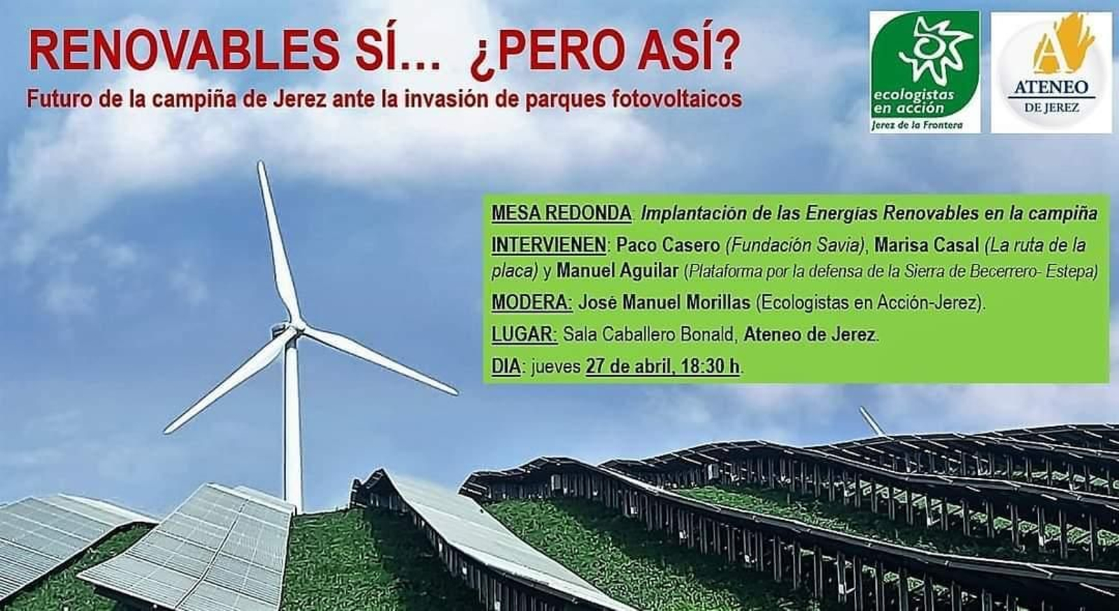 Cartel de la mesa redonda sobre la implantación de energías renovables en la campiña de Jerez.