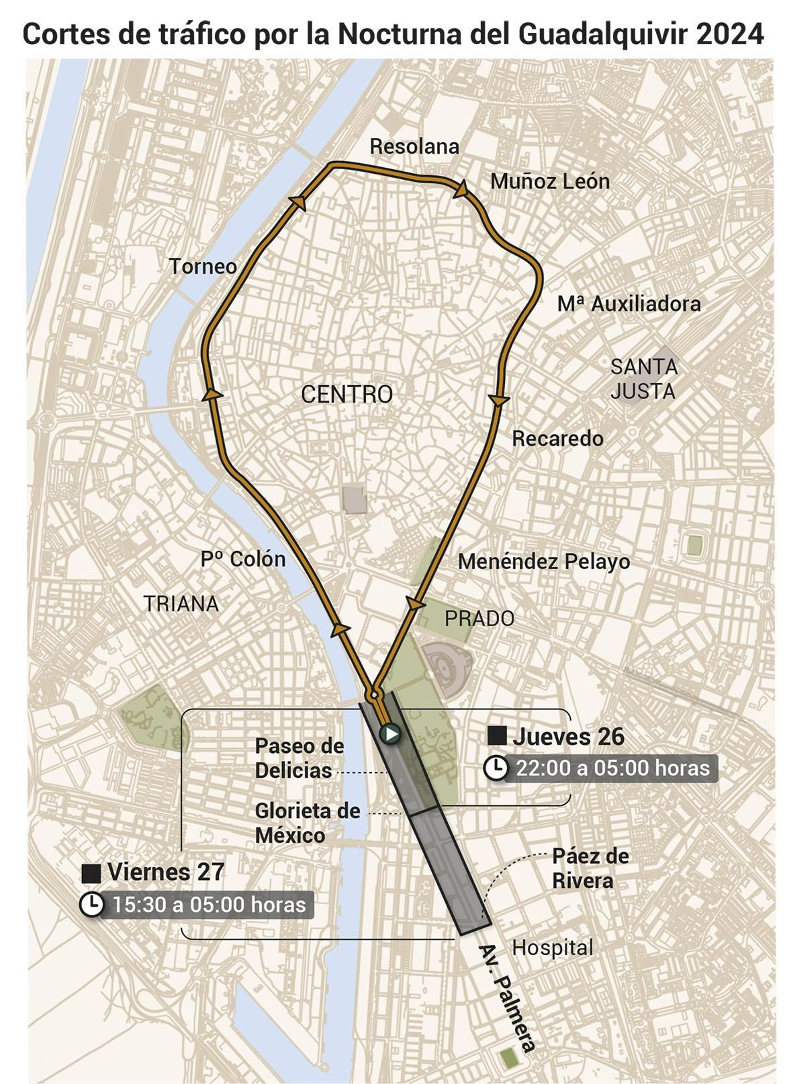 Cortes de tráfico por la carrera Nocturna del Guadalquivir 2024