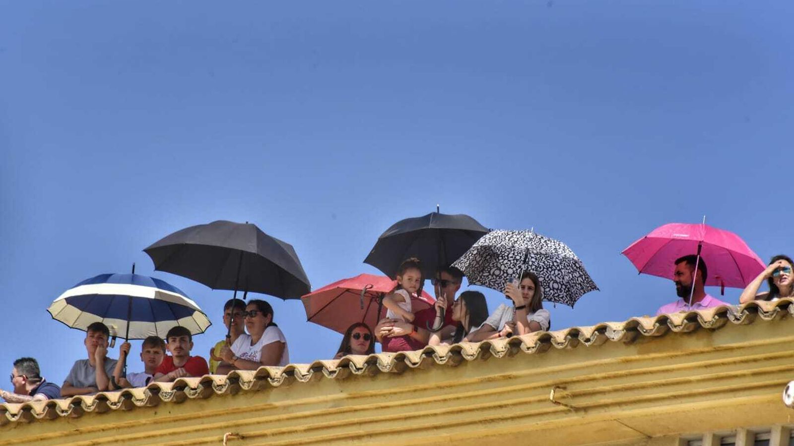 Varias personas siguen el encierro del Toro Embolao en una azotea, protegidos del sol con paraguas.