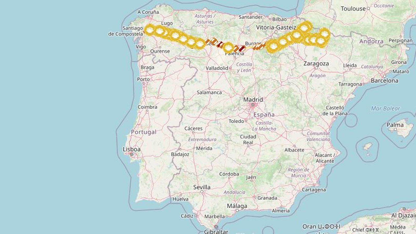 Mapa de la DGT con los puntos peligrosos en el Camino de Santiago
