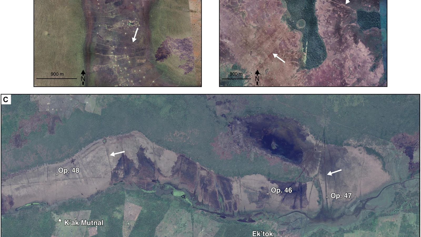 Imágenes por satélite de los tres canales excavados por los investigadores.