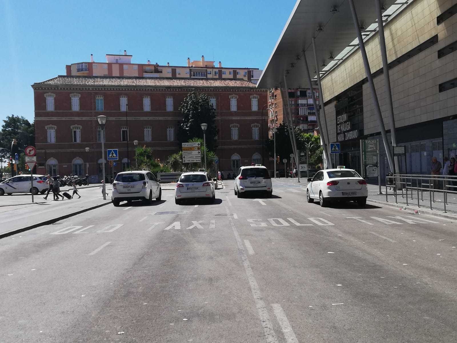Taxis trabajando en Vialia, sólo con licencias pares, que son las que no están de huelga.