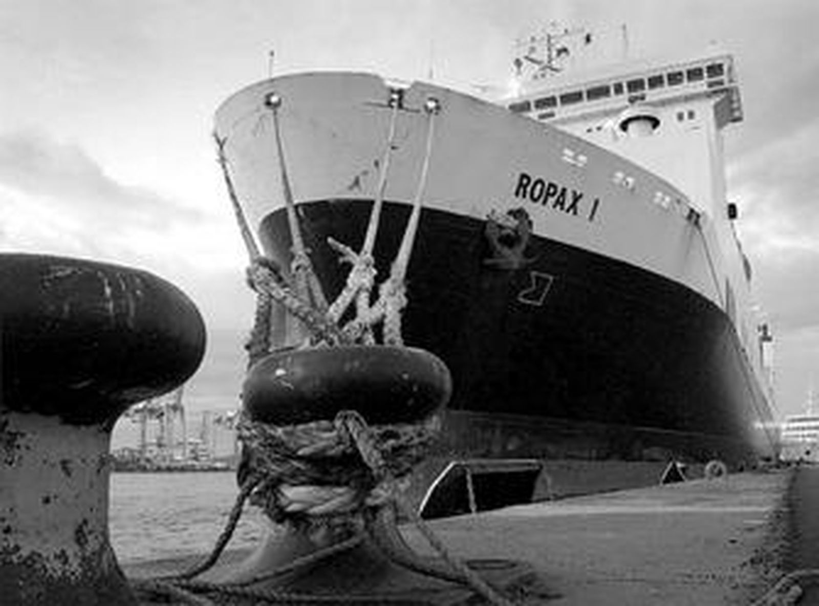 El buque 'Ropax 1' en un muelle de Algeciras tras el accidente.