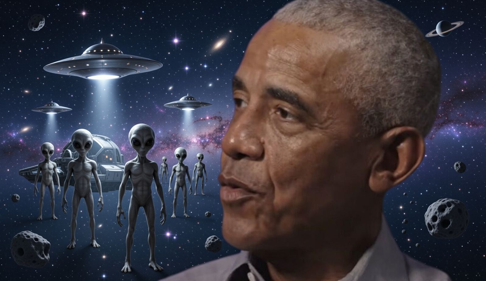 Montaje de Barack Obama en un escenario con extraterrestres