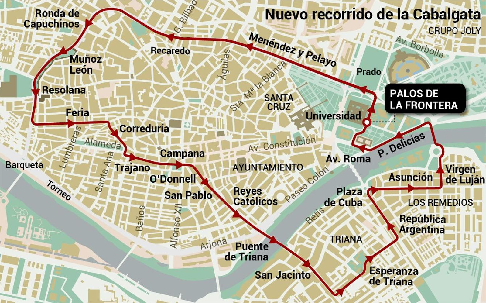 Nuevo itinerario de la Cabalgata de Reyes Magos 2026. Fuente: Ateneo de Sevilla
