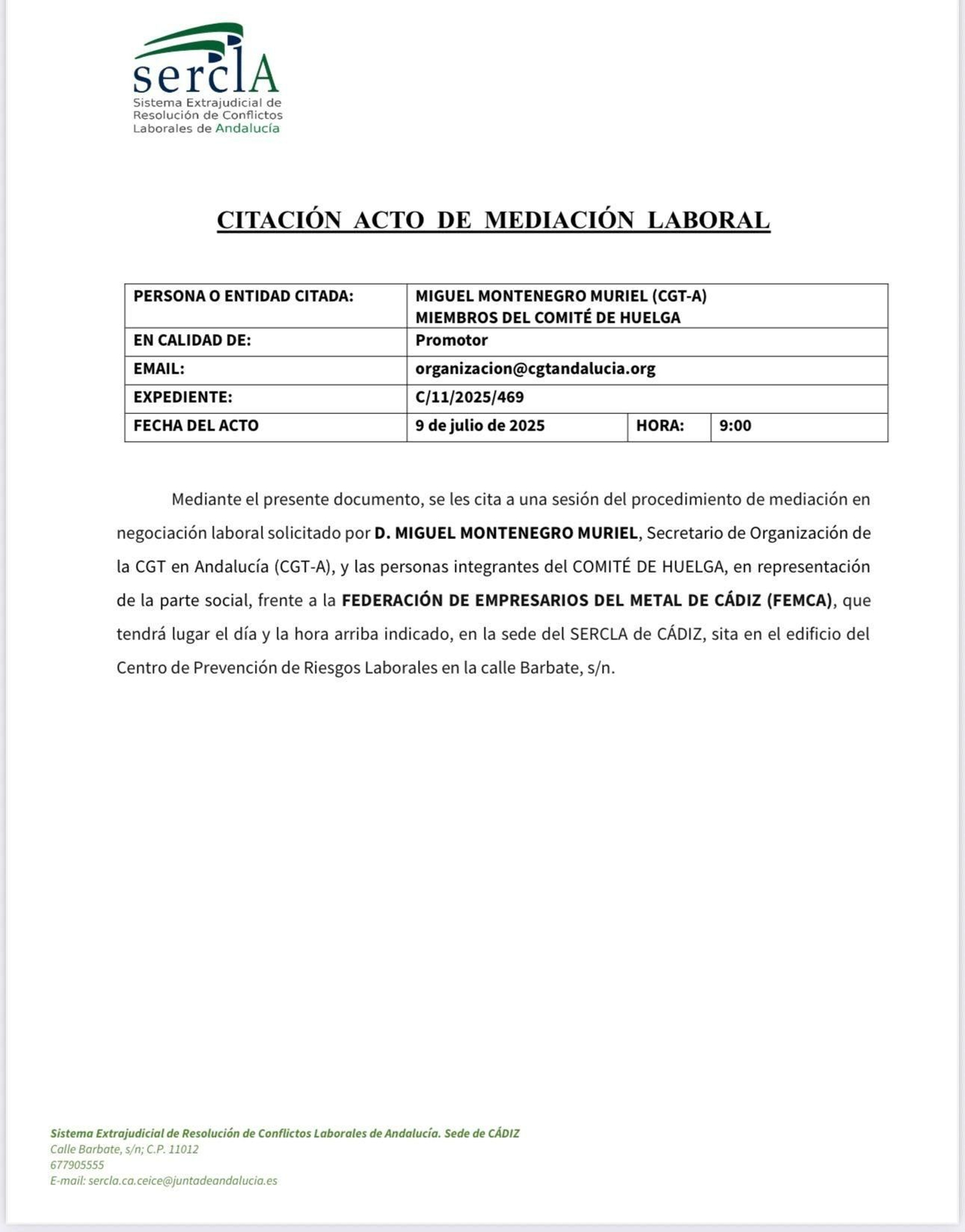 Citación Sercla facilitada por CGT A.