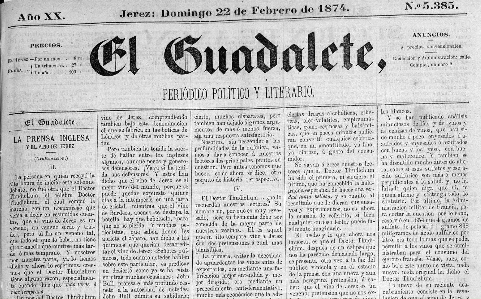 El Guadalete de 22 de febrero de 1874.