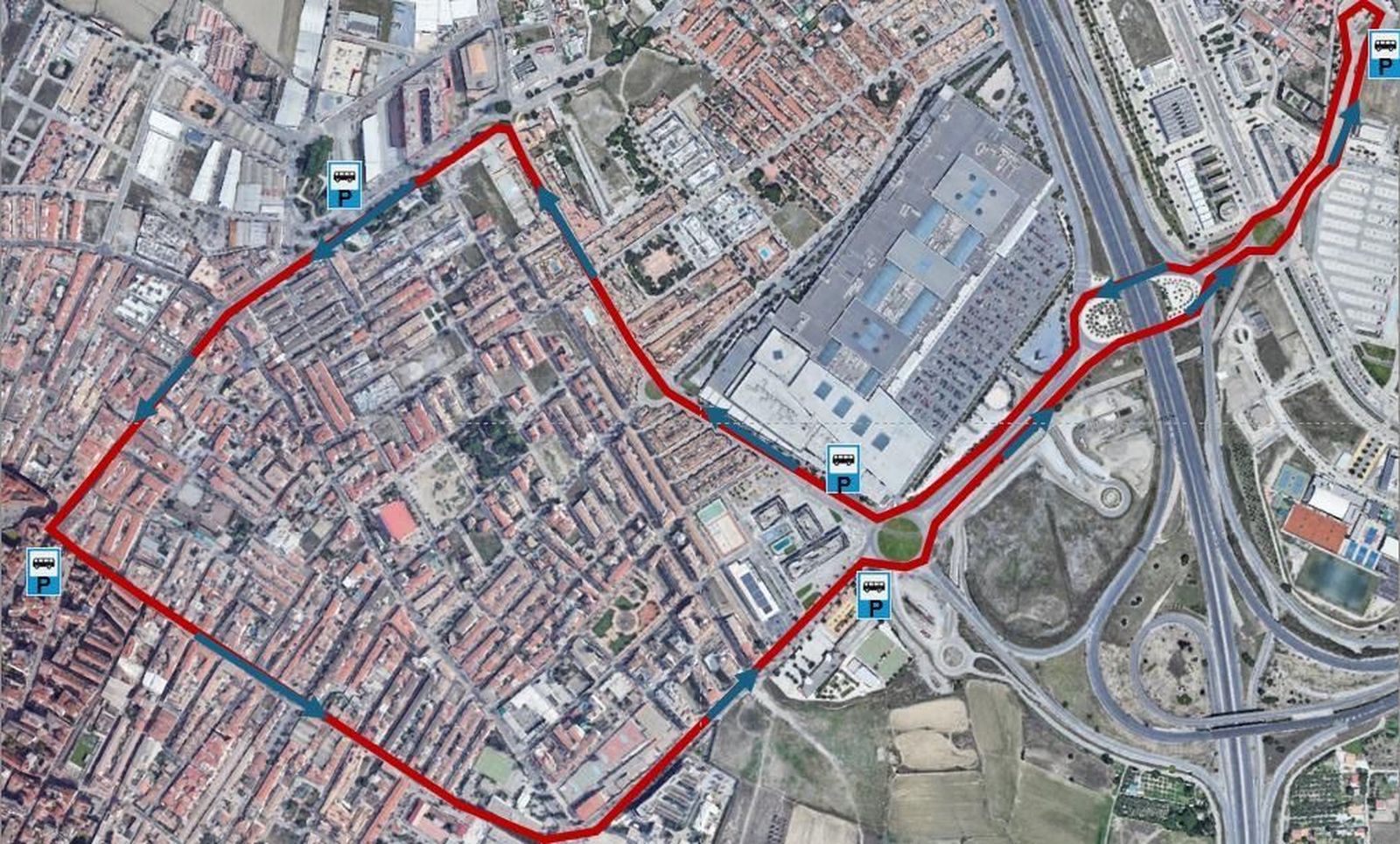 Recorrido del bus lanzadera entre el PTS y Armilla por las obras del Metro de Granada