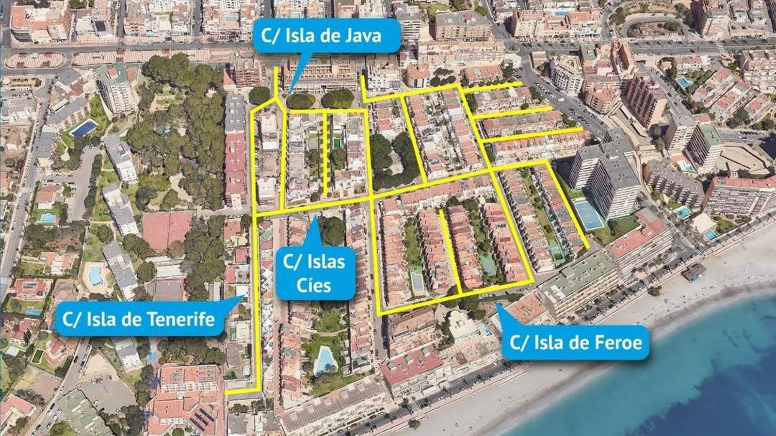 Mapa de las zonas afectadas por las obras en la renovación de la red de abastecimiento en Aguadulce.