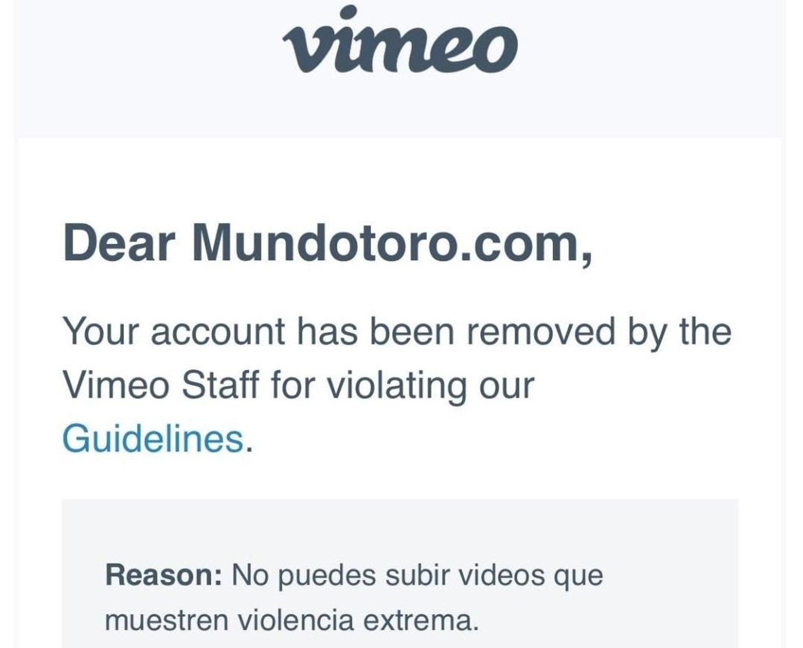 Mensaje de Vimeo a un canal taurino recién eliminado.