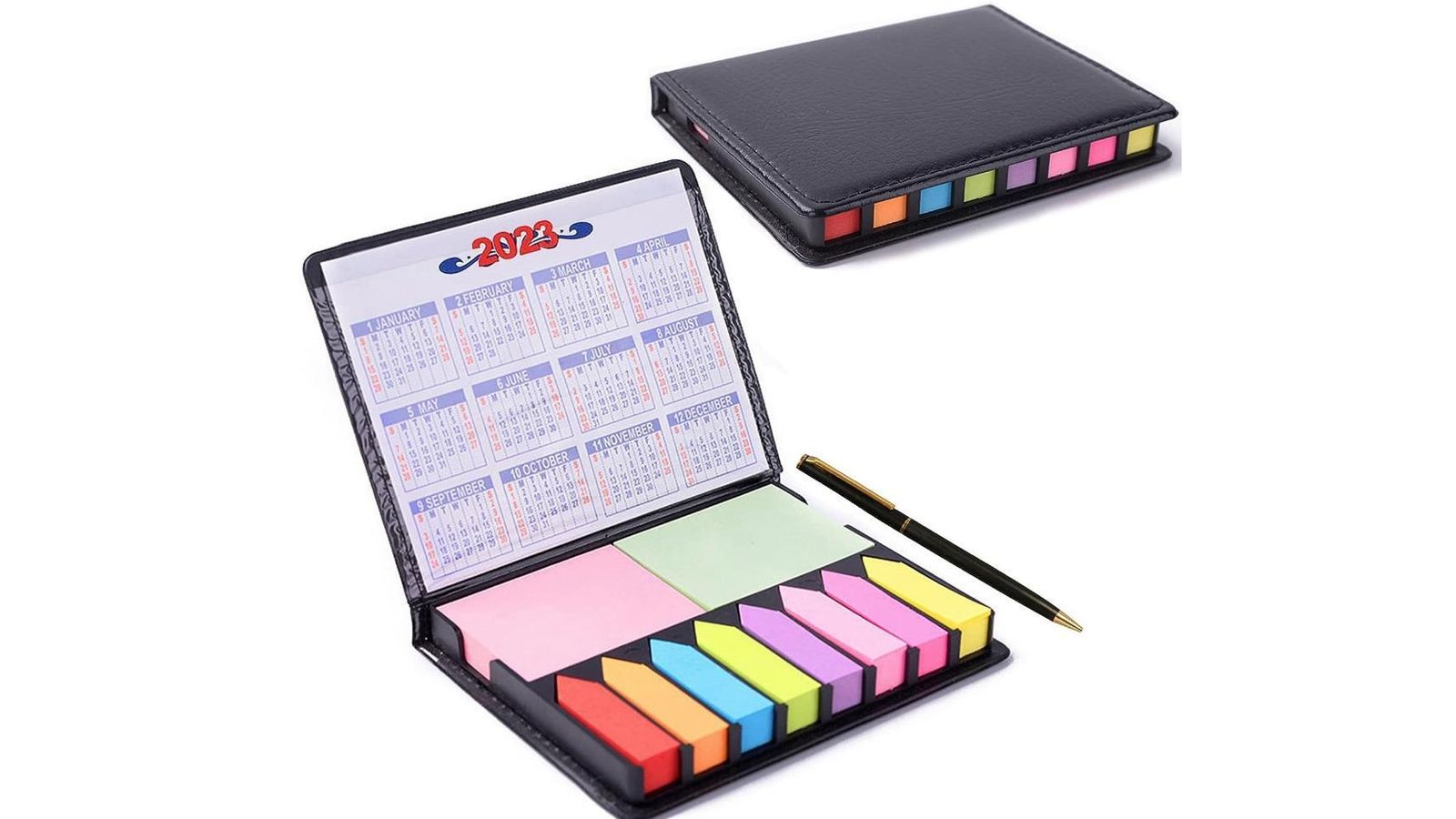 Marcapaginas adhesivos, posits de colores,  caja de notas y bolígrafo de metal