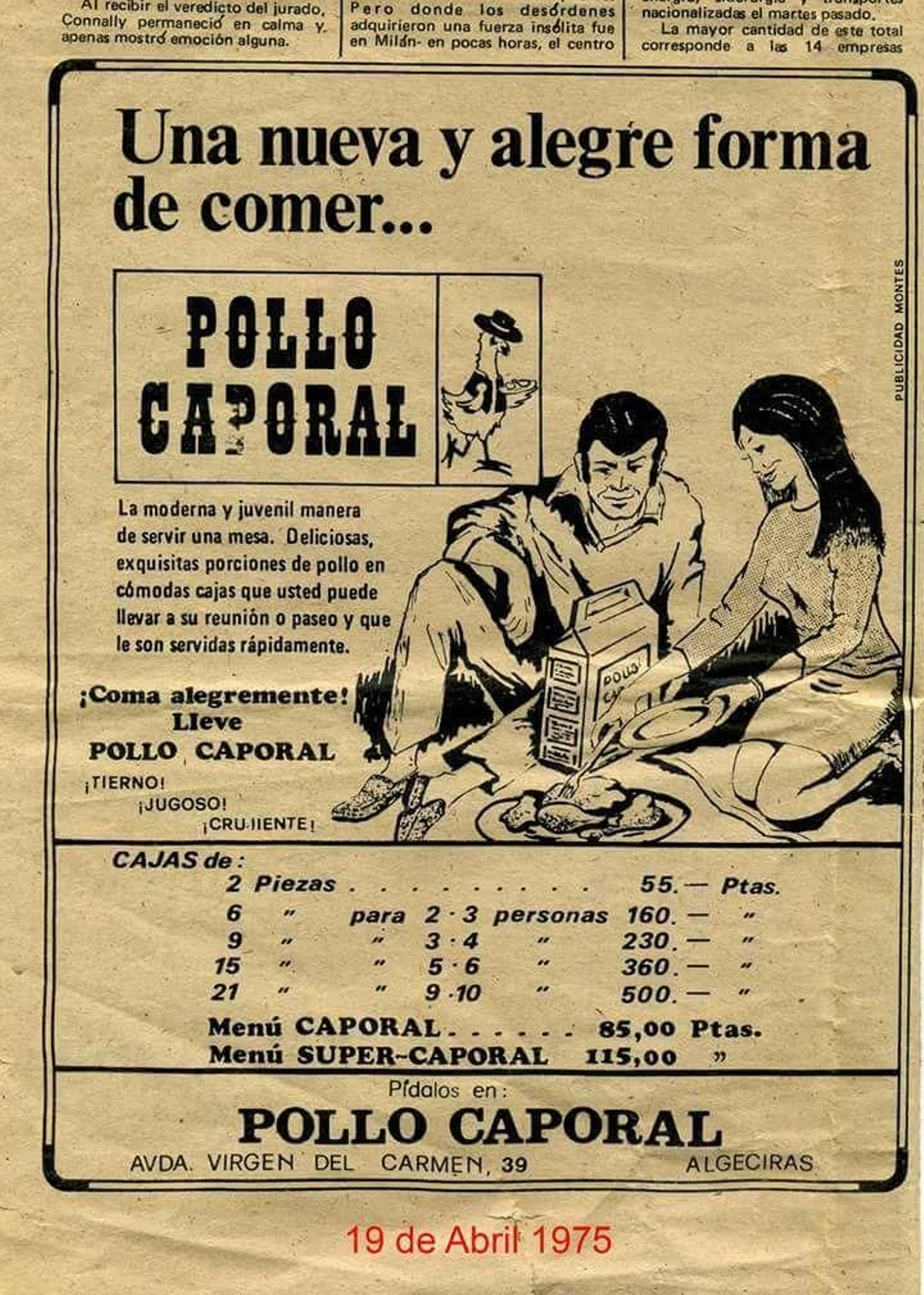 La carta del Pollo Caporal, en 1975.