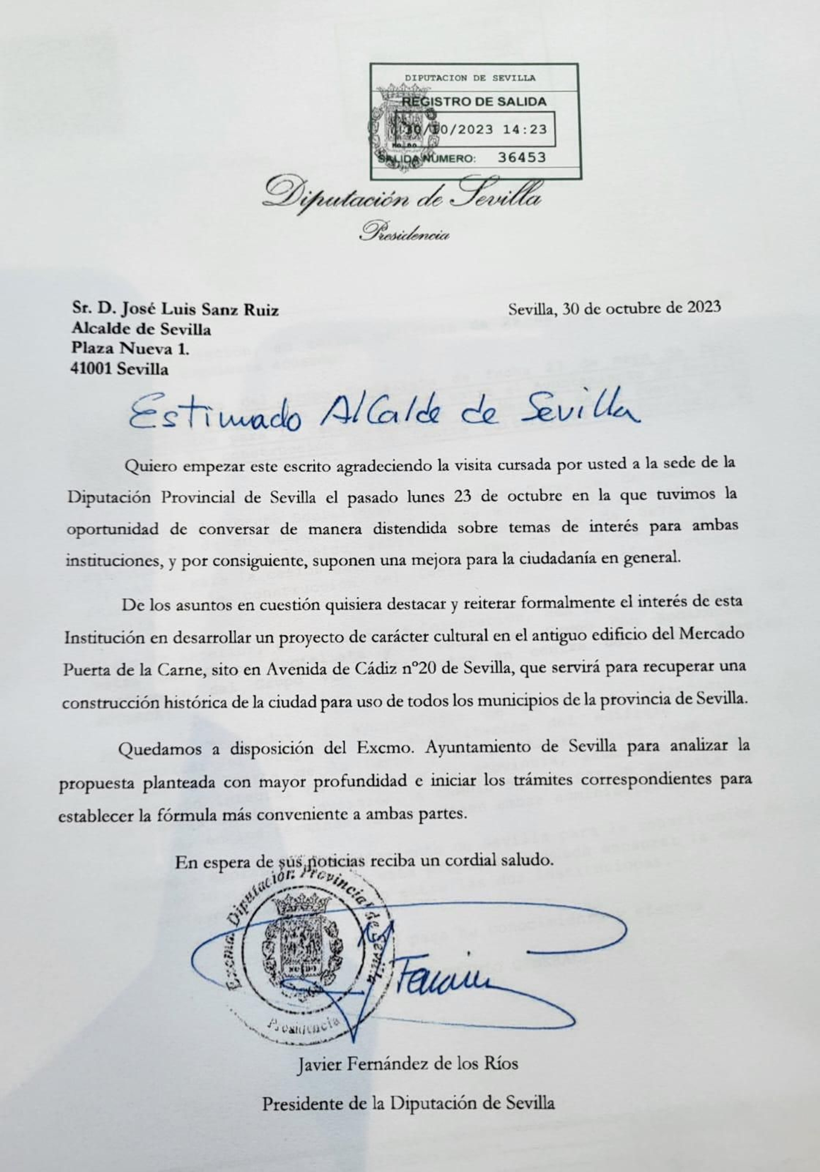 Carta remitida por la Diputación a José Luis Sanz sobre el mercado de la Puerta de la Carne.