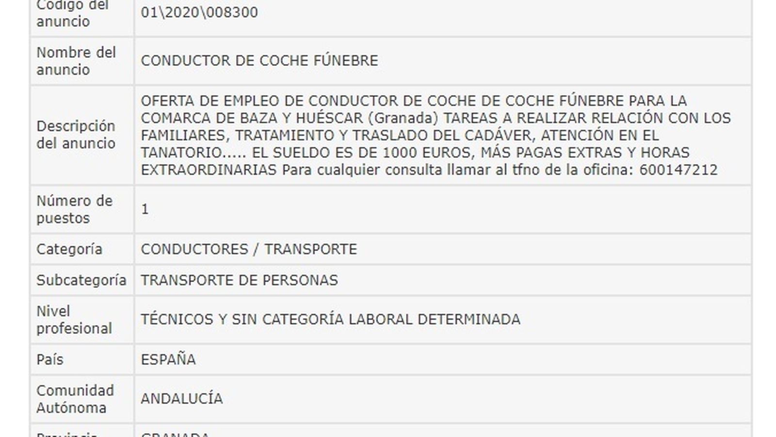 Oferta para conducir coches fúnebres en las comarcas granadinas de Baza y Huéscar
