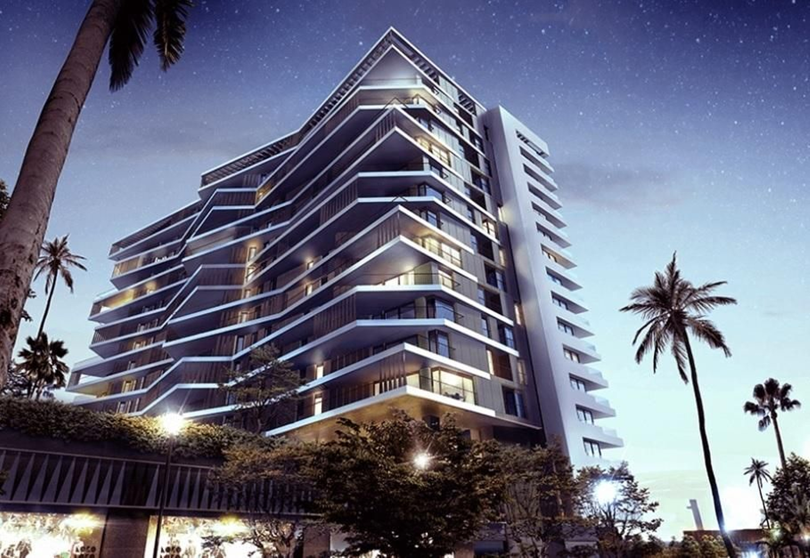 Este edificio de diseño es el que figura en el cartel de la promotora colocado en El Toblerone con el lema 'Almería se vuelve hacia el mar'.