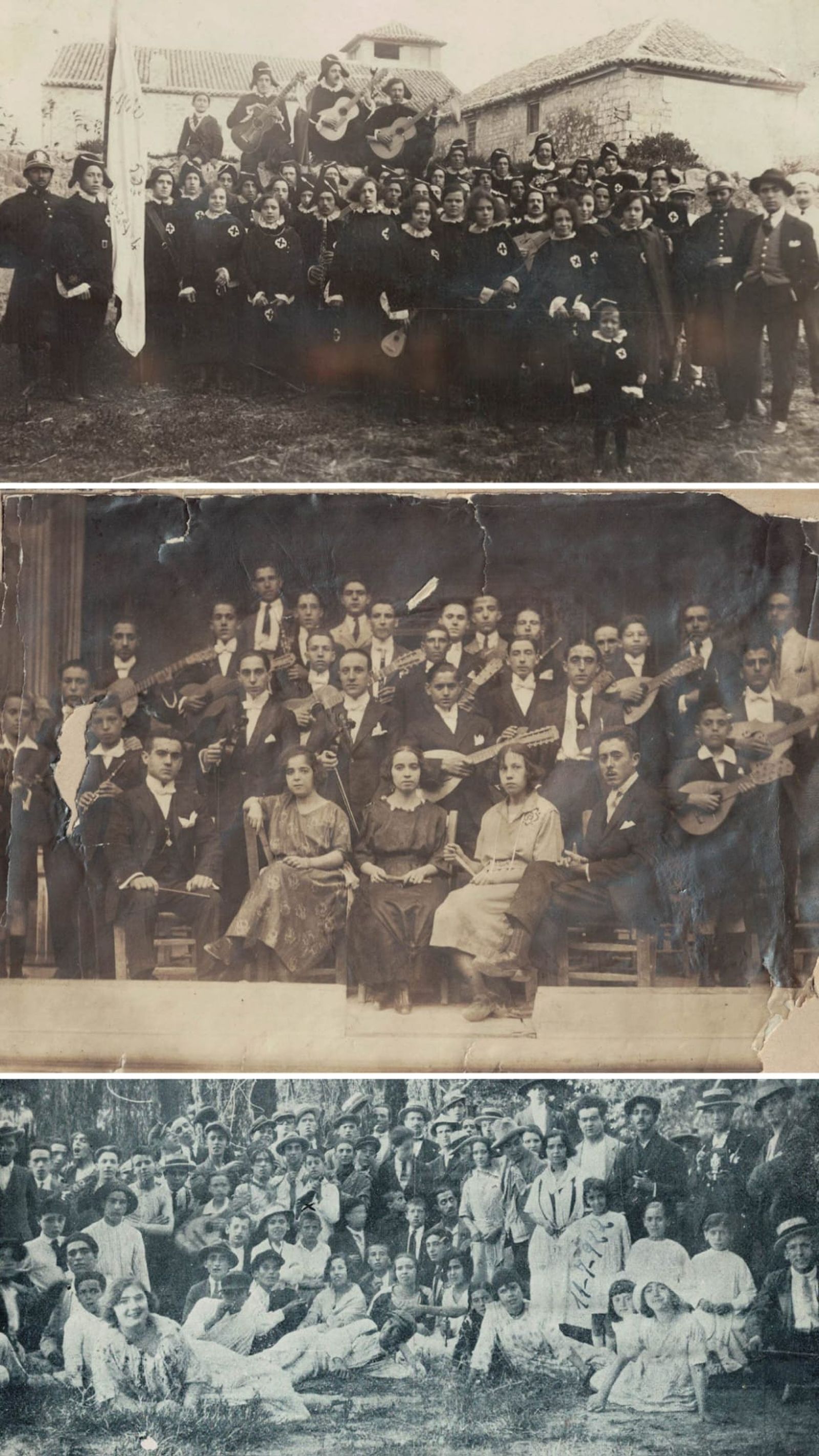 Arriba: Concierto con motivo de las fiestas de Carnaval. Centro: Cuadro musical de la sociedad «Amigos del Arte» en el Teatro Norte. Abajo: Jóvenes de la sociedad «Amigos del Arte» celebrando en el Puente de Jontoya el aniversario de su constitución y el éxito de su última fiesta dedicada a la mujer (11-5-1922).