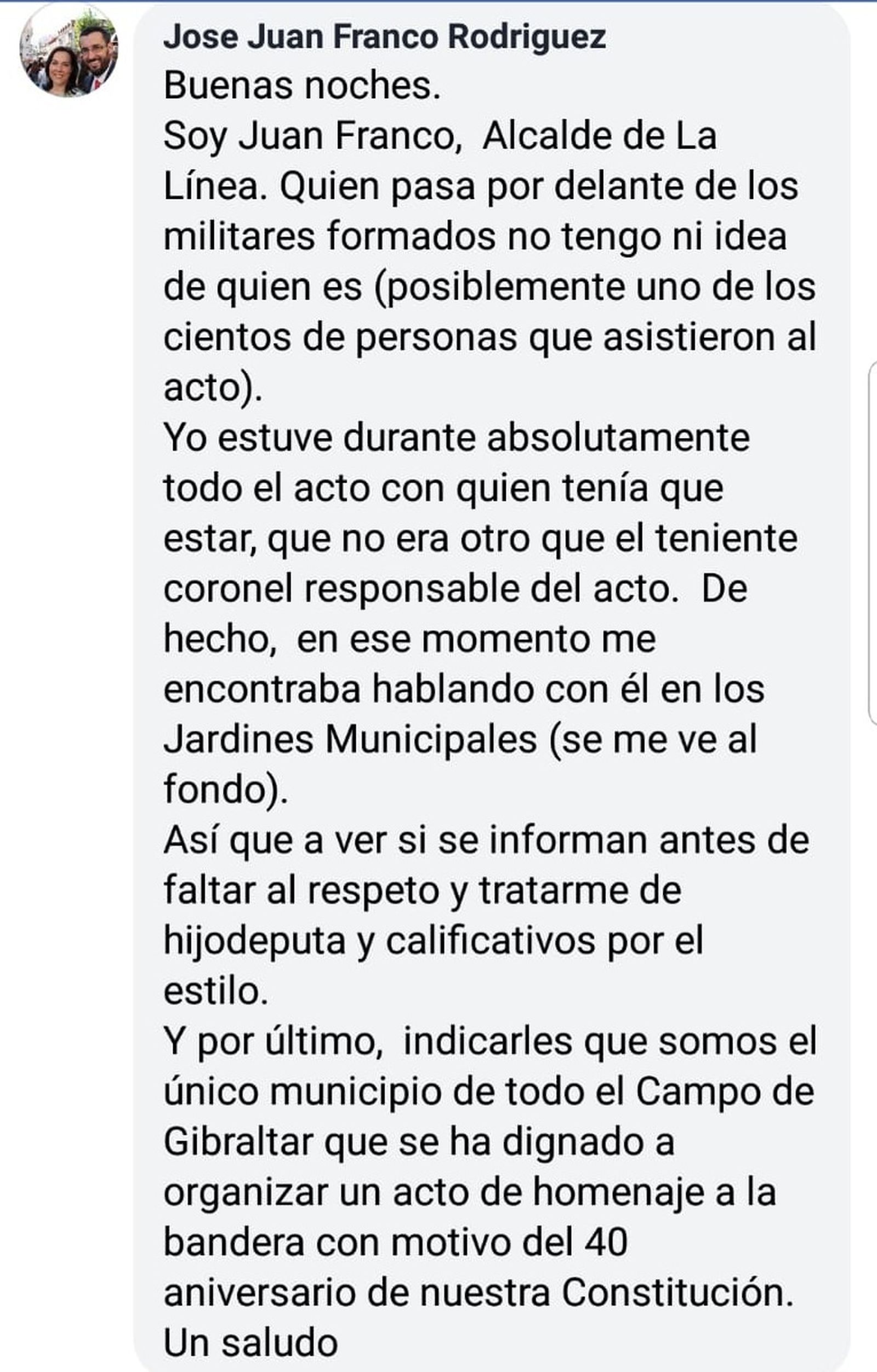 Mensaje aclaratorio de Juan Franco en redes sociales.