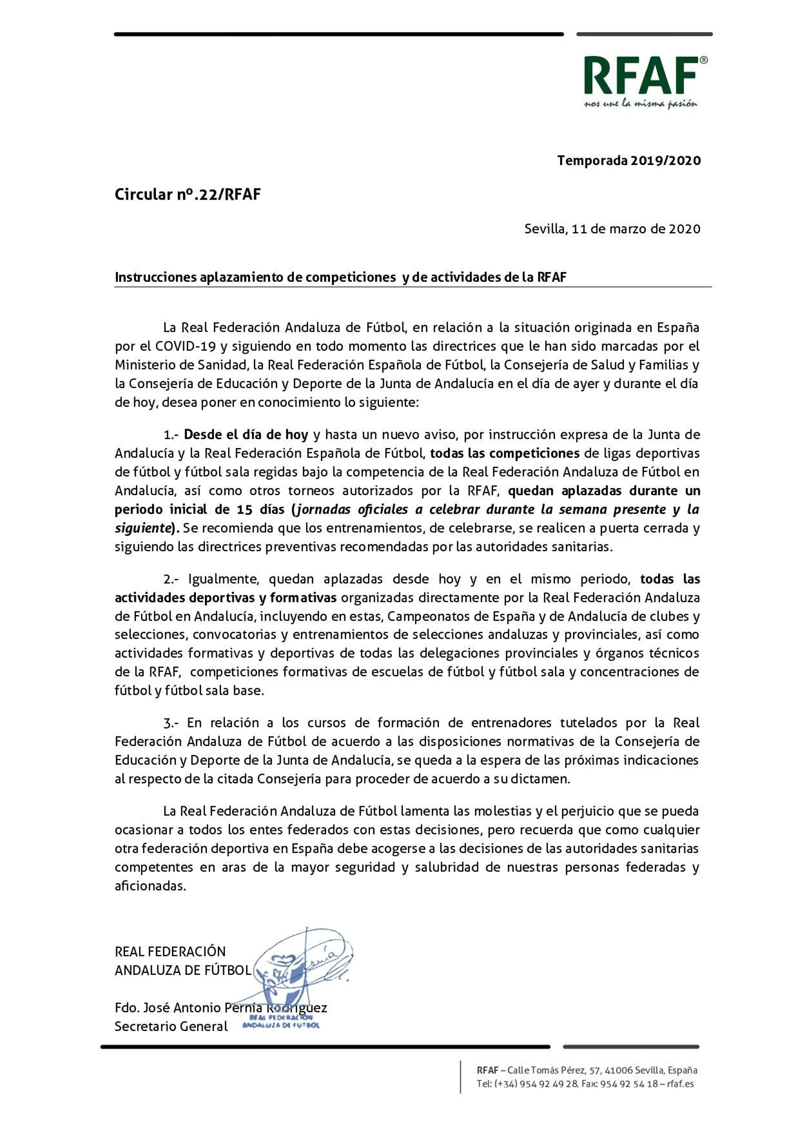 Circular de aplazamiento de competiciones y de actividades de la RFAF