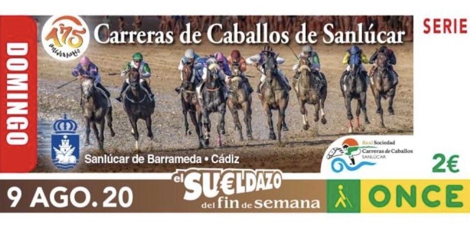 El cupón que la ONCE dedicará al 175 aniversario de las carreras de caballos de Sanlúcar el próximo 9 de agosto.
