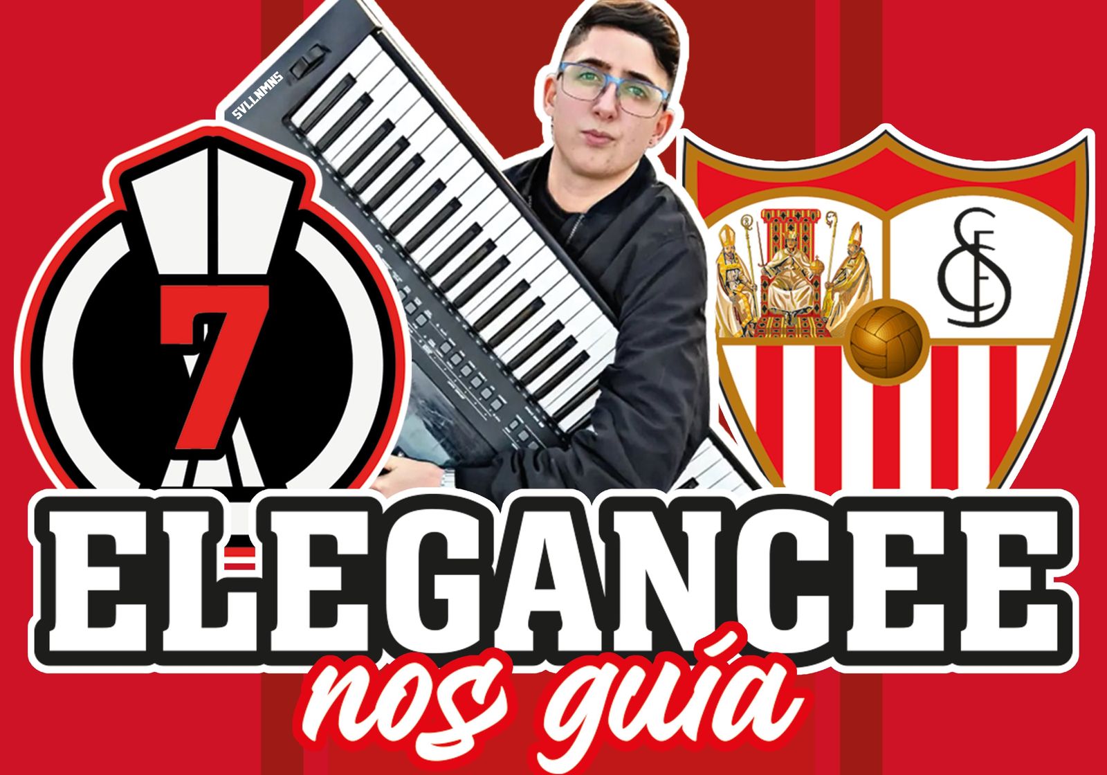 Montaje con el joven Elegancee, su teclado, el 7 se la posible séptima Europa League y el escudo del Sevilla.