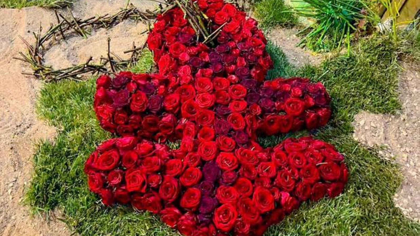 Detalle de el ancla del barco compuesto por rosas rojas.