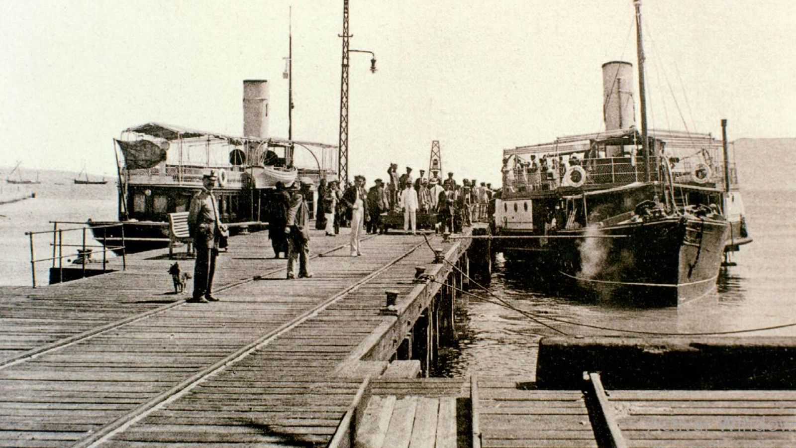 Los vapores que enlazaban cada día los puertos de Algeciras y Gibraltar desde 1894 atracados en el muelle de Madera hacia 1910. (Colección particular).