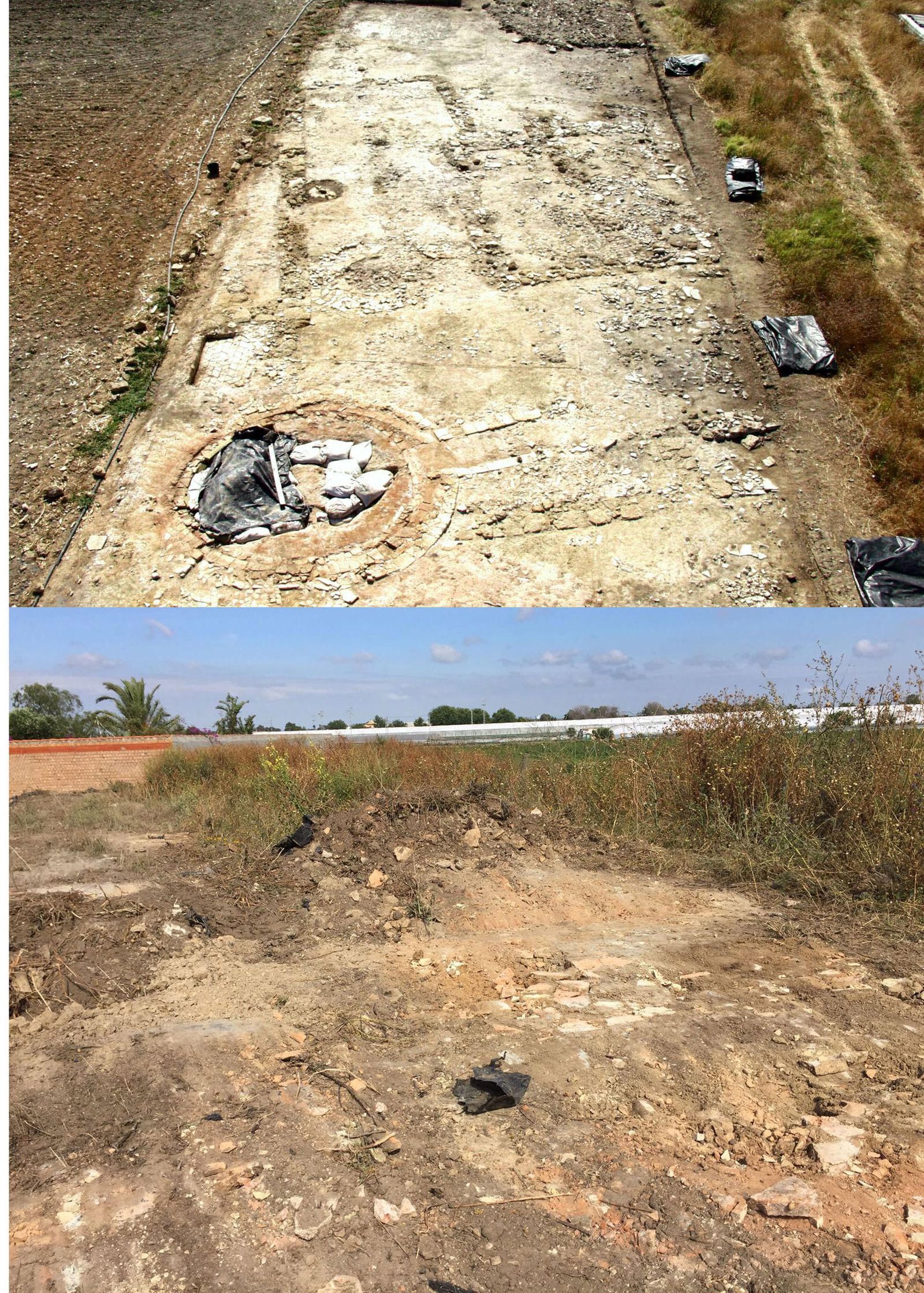 Imagen facilitada por la Asociación Caepionis donde se aprecia el "antes y después" en el yacimiento 'El Olivar'.