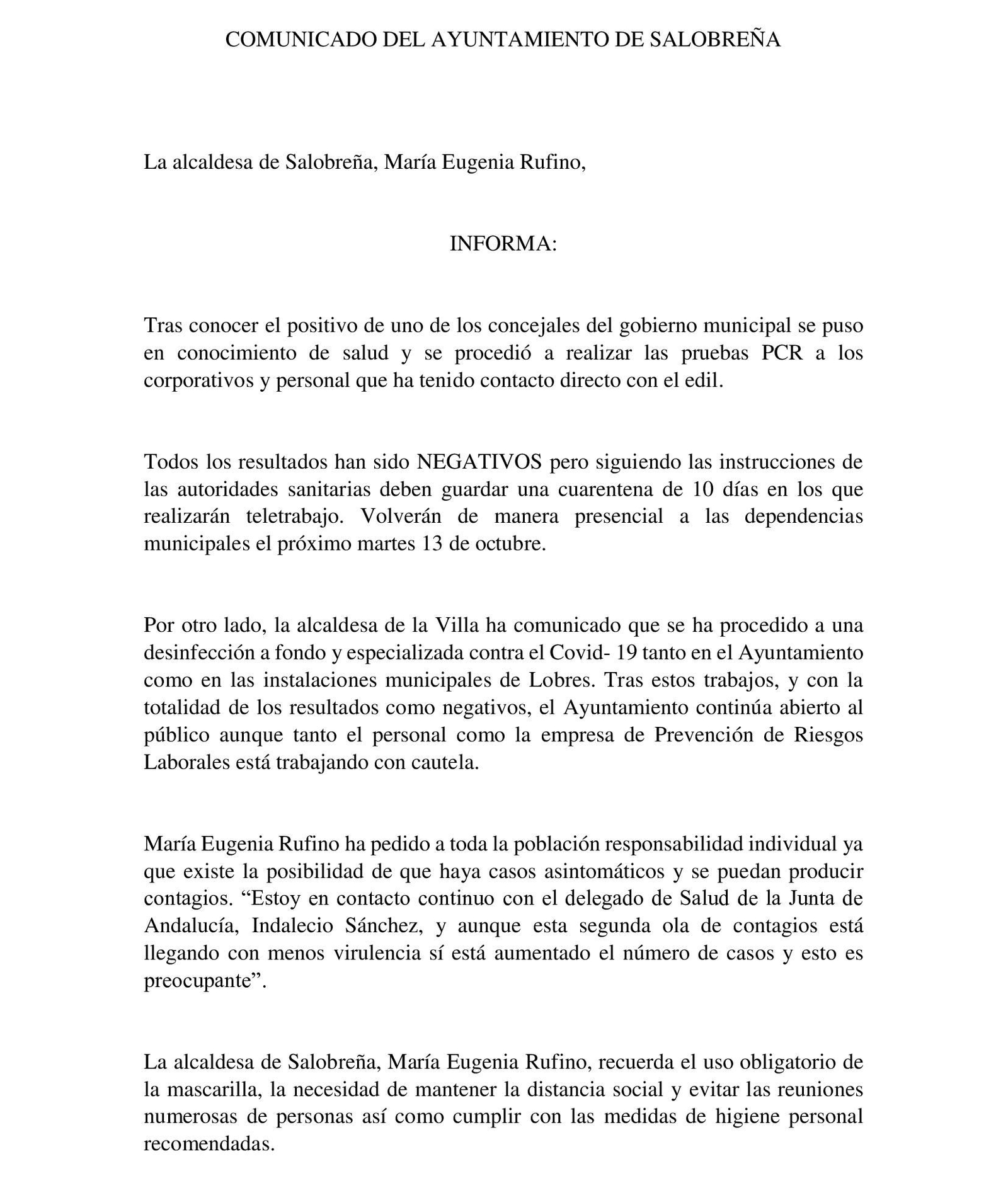 Comunicado emitido por el Ayuntamiento de Salobreña
