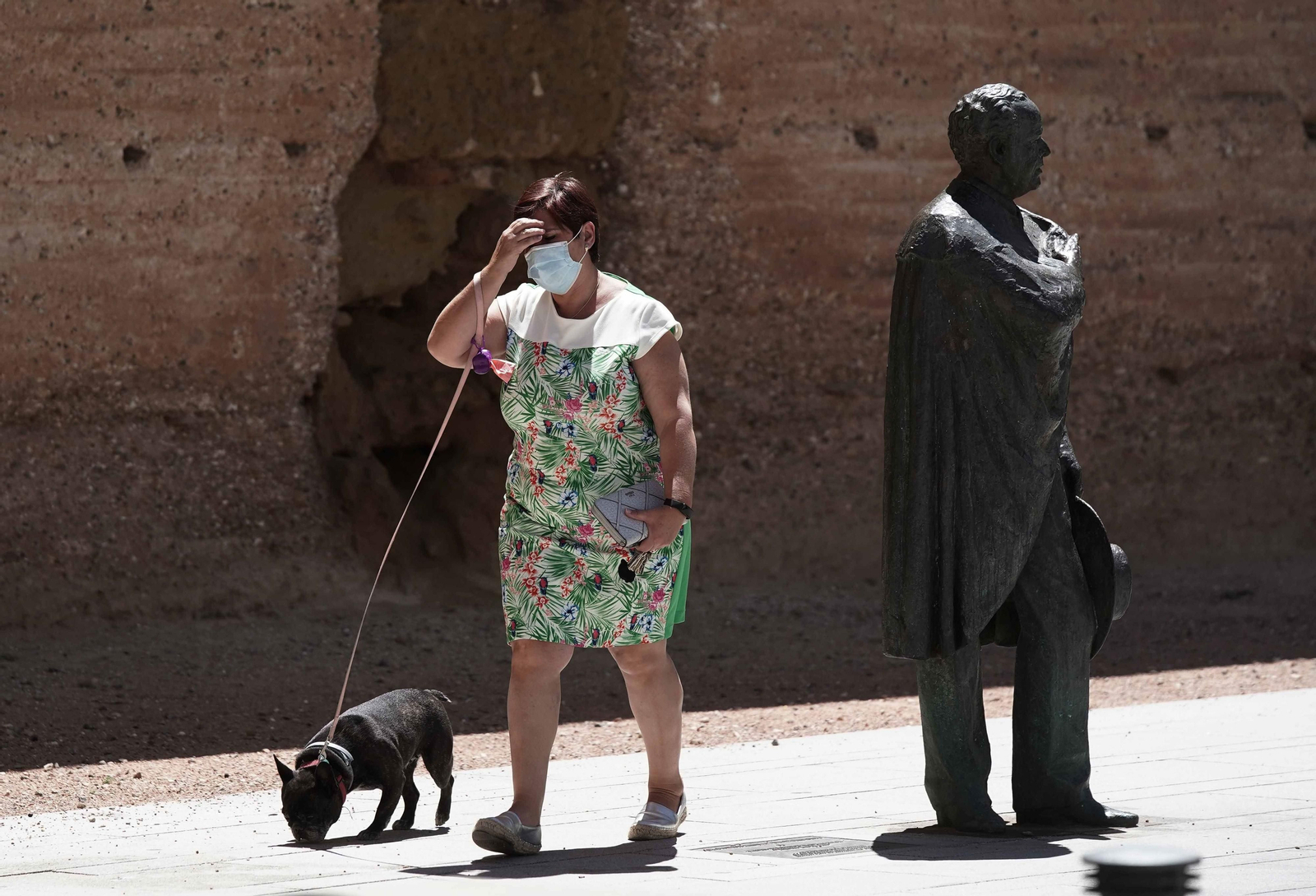 Una mujer con mascarilla pasea a su perro.