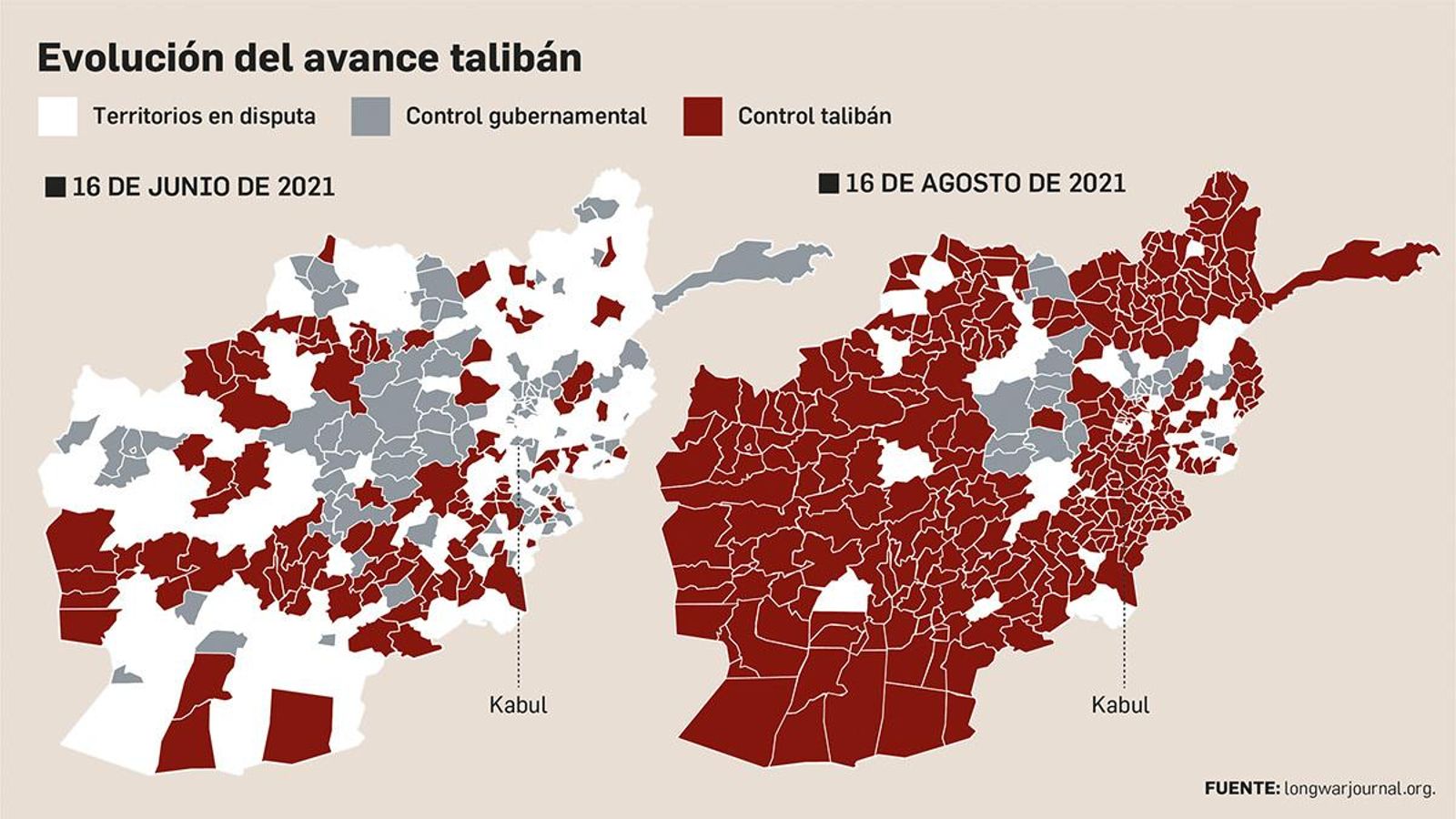 Evolución de los territorios bajo control talibán. Fuente: longwarjournal.com