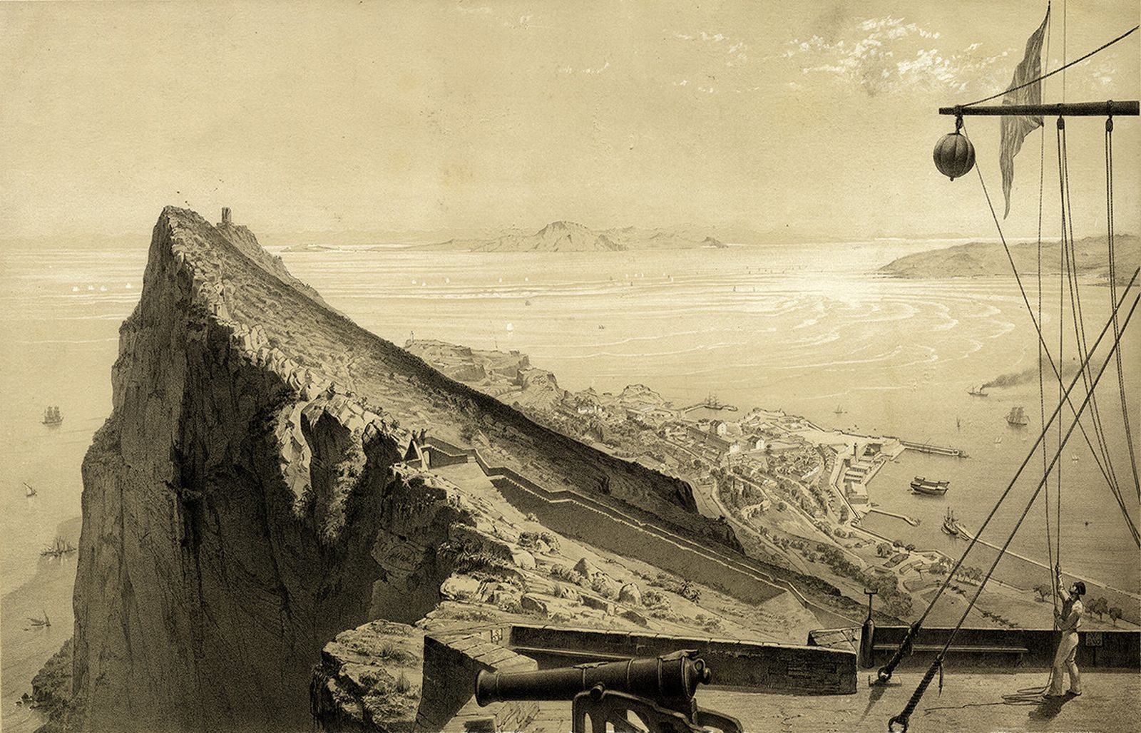 Gibraltar en el año 1854. Fotografía de Alfred Guesdon. En ella aparece una de las bolas que menciona Pérez Pericón y que servían para señalar el número de posibles barcos enemigos que se aproximaba al Peñón.