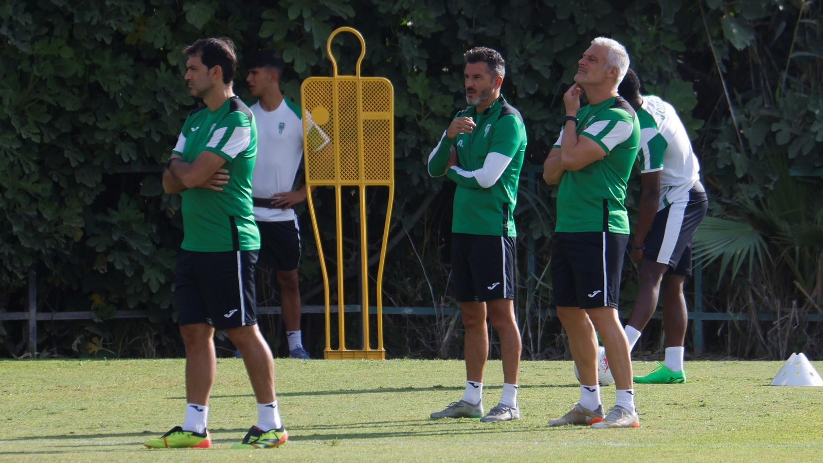 Iván Ania sigue el trabajo de sus jugadores en un entrenamiento del Córdoba CF.