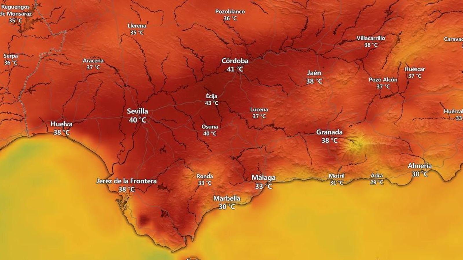 Mapa de temperaturas de Andalucía a las 17:00