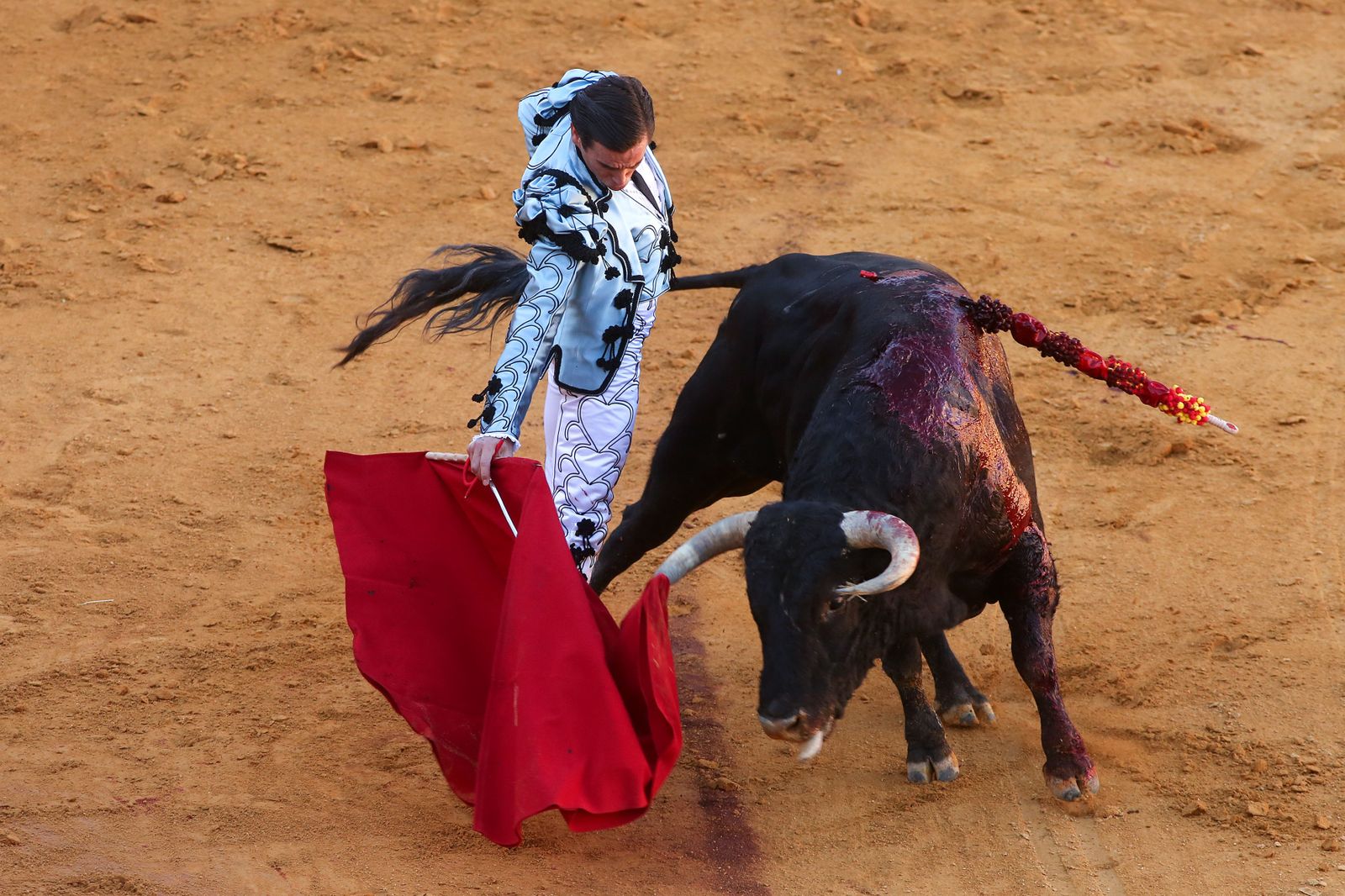 El diestro Juan Ortega con el segundo toro en la corrida Goyesca que se ha celebrado hoy sábado en la plaza de toros de Ronda.