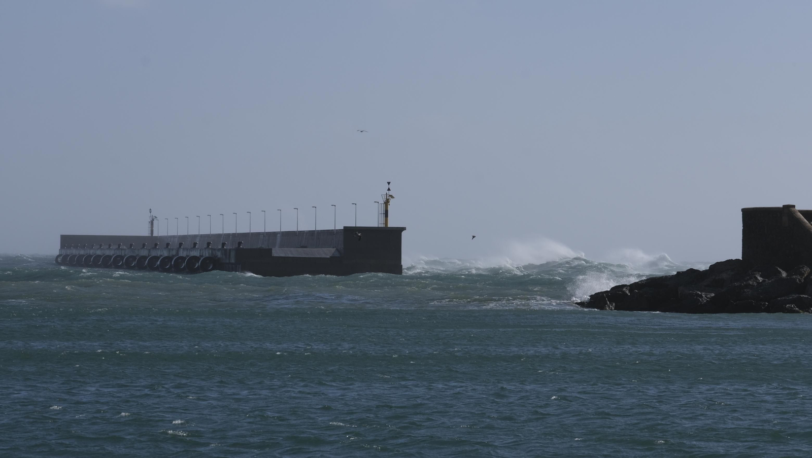 Temporal de viento y flota pesquera amarrada, en Almería
