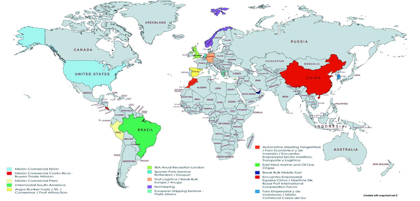 Mapa de los destinos comerciales del Puerto.