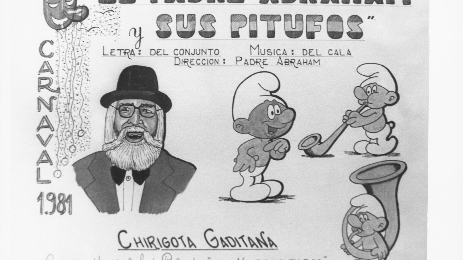 El croquis-boceto de la primera chirigota de la peña Los 14, ‘El padre Abraham y sus pitufos’.