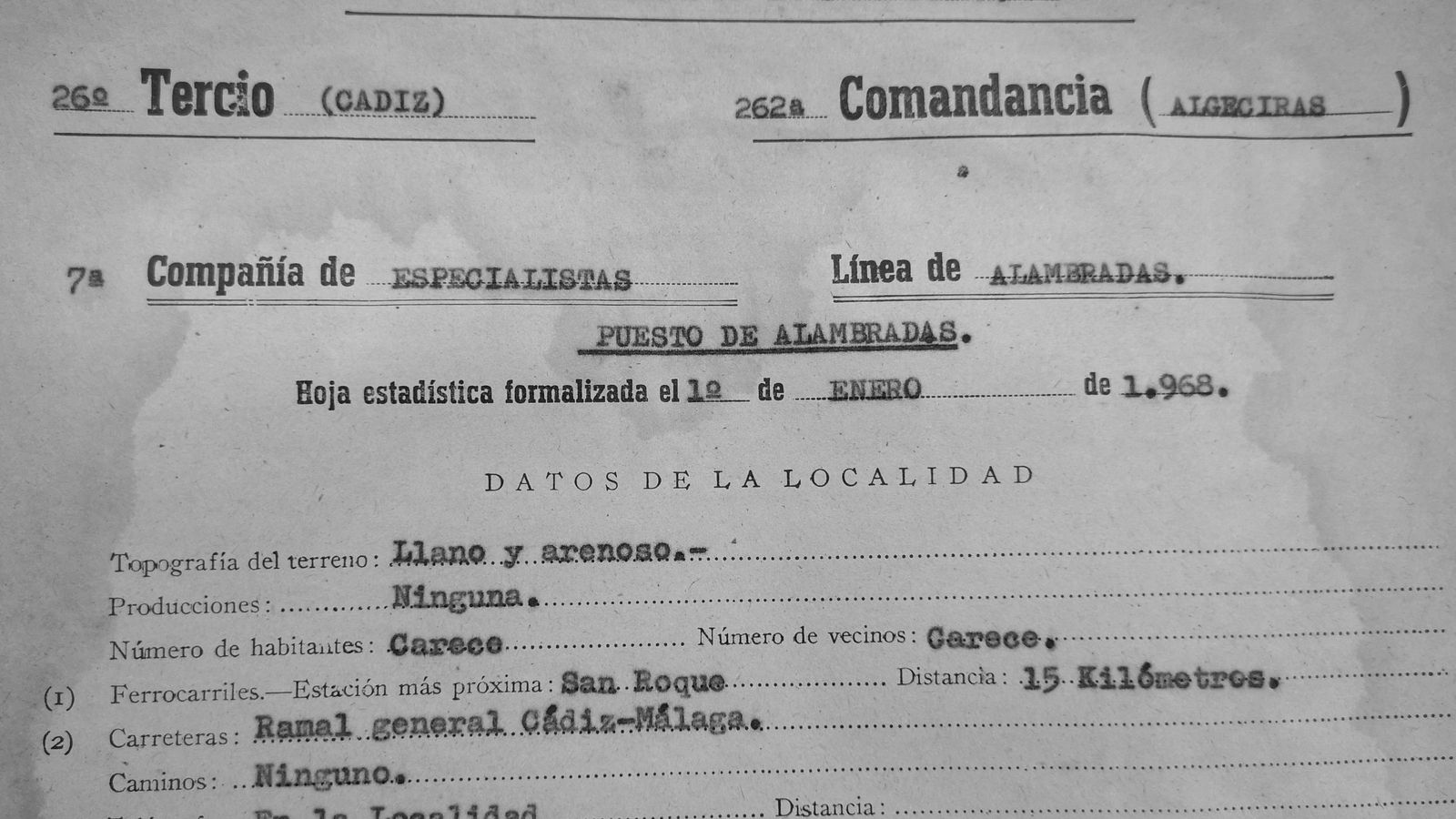 Hoja estadística del Puesto de Alambradas en 1968.