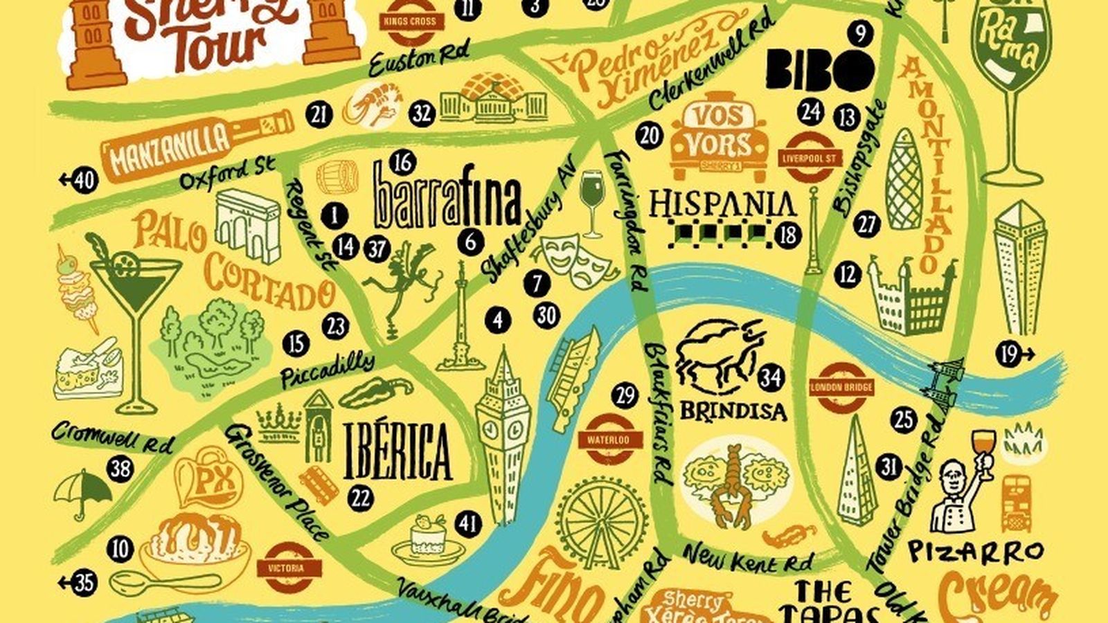 Mapa con la localización de los 46 establecimientos que participan en la London Sherry Tour.