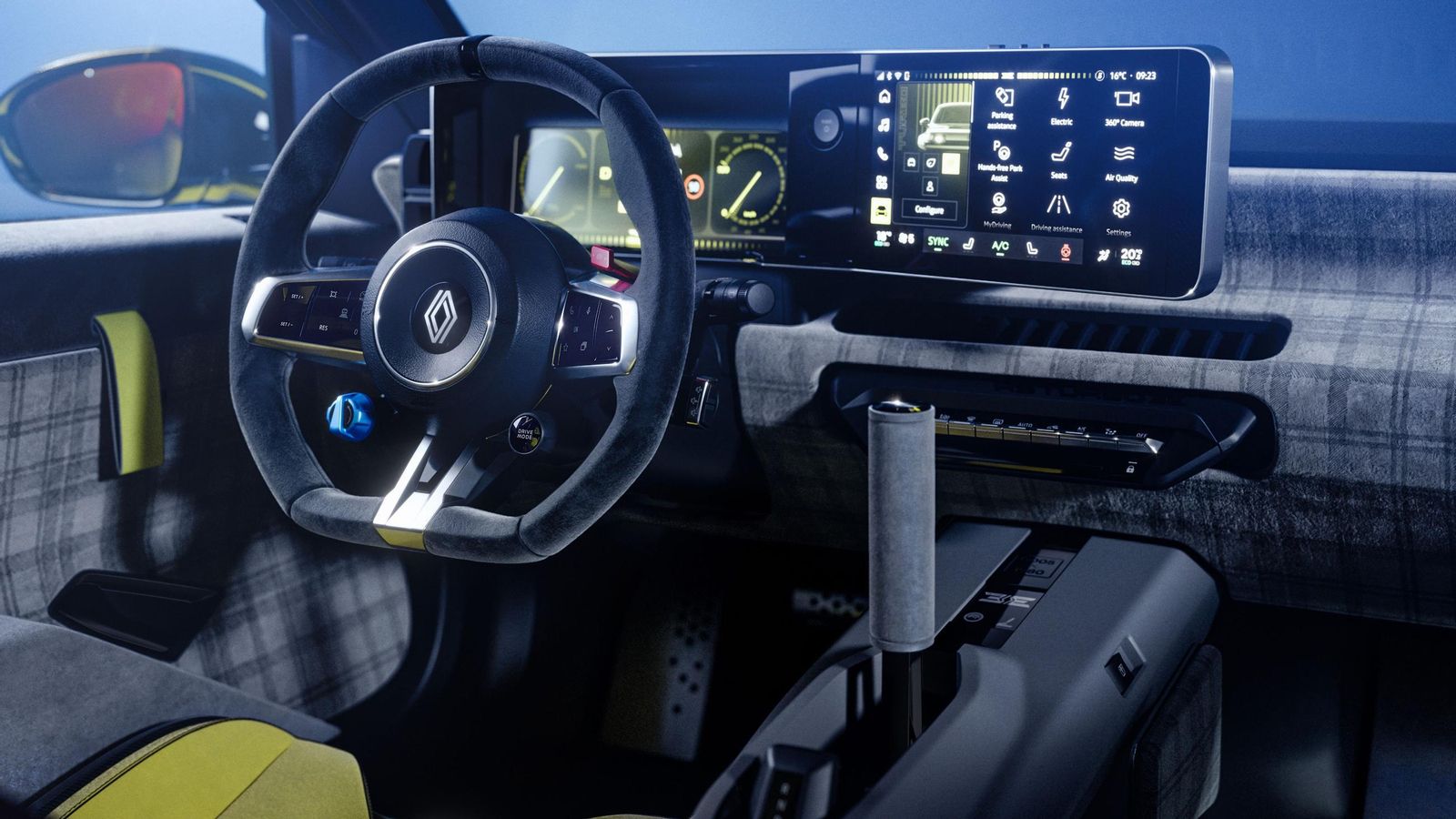 El salpicadero no es exactamente el mismo que el del Renault 5 E-Tech pero, además, este Turbo 3E tiene elementos diferenciales como el freno de mano vertical de la consola central.