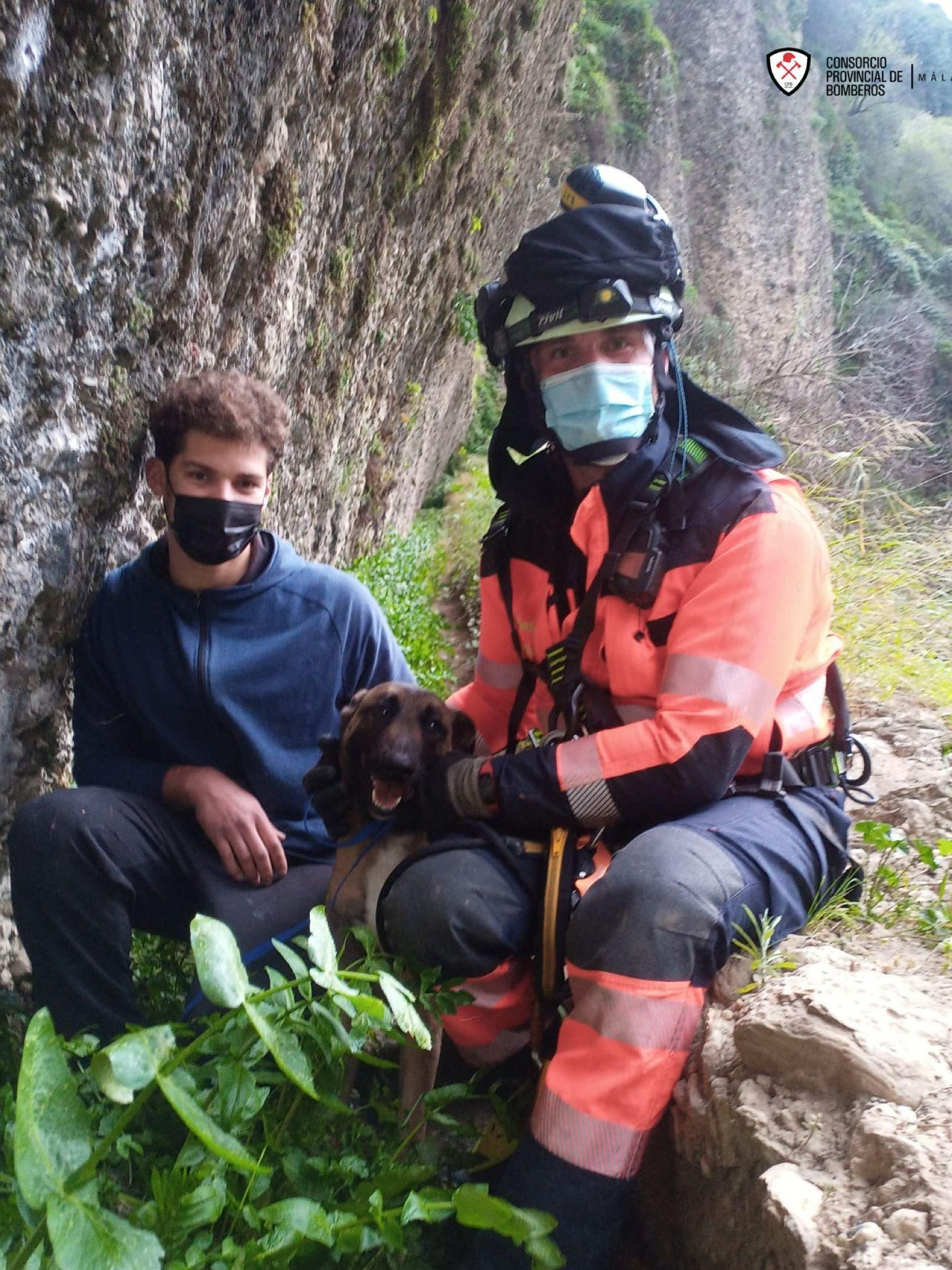 El animal con el bombero que participó en el rescate.