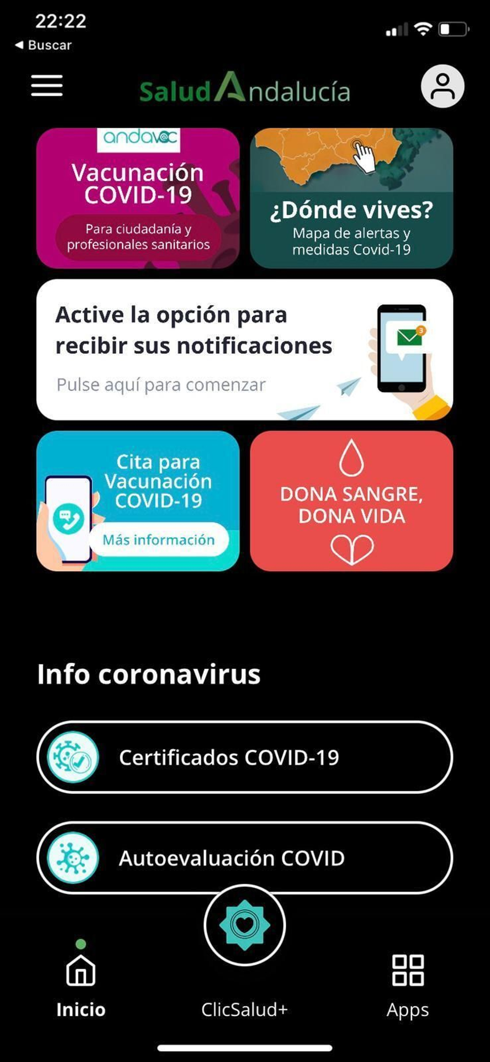 Inicio de la app Salud Andalucía