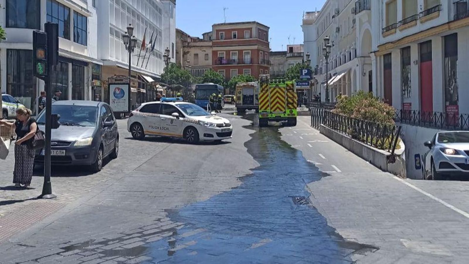 Los bomberos, durante su actuación en plaza Esteve.