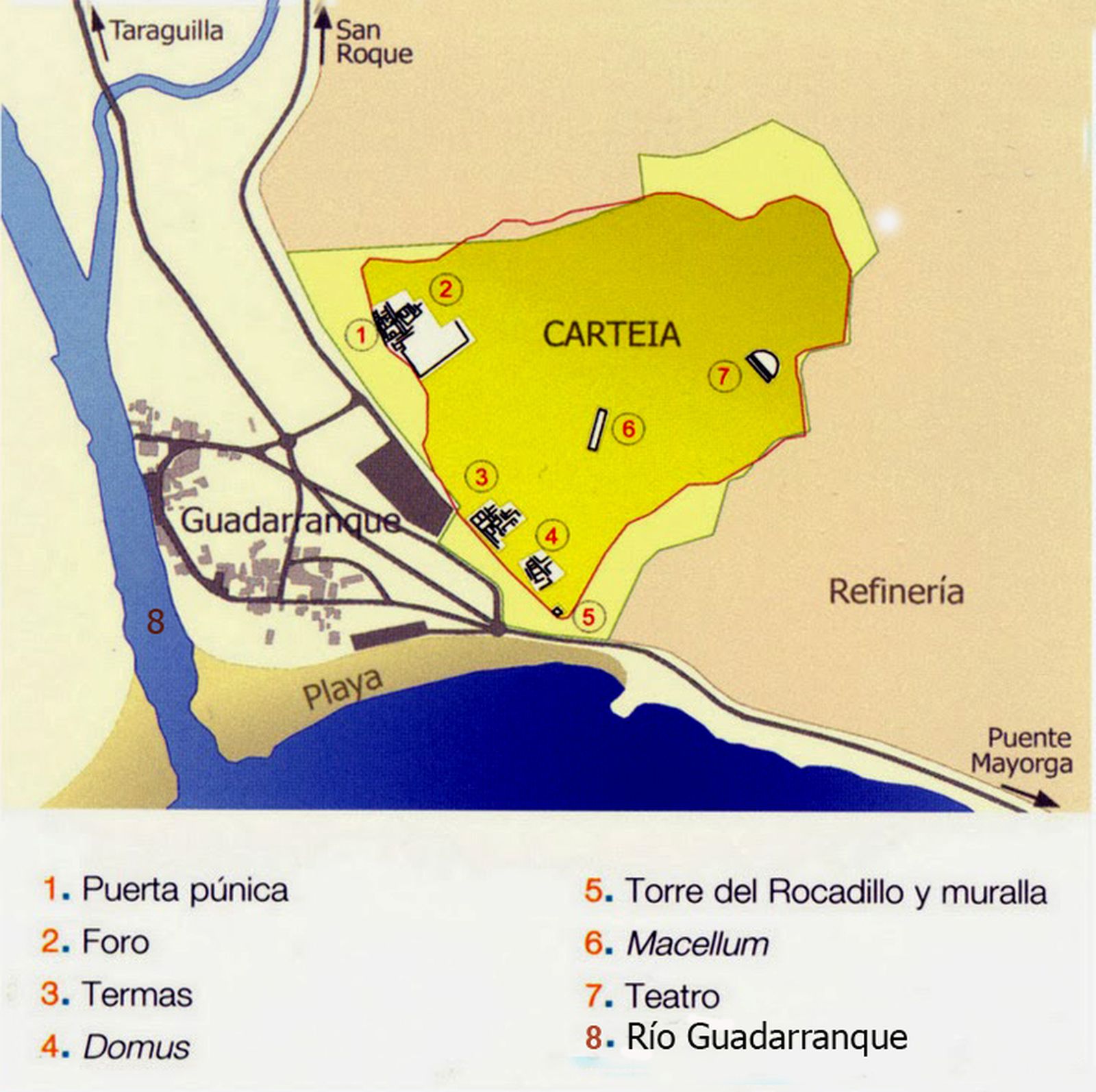Plano de Carteia con la ubicación de los espacios urbanos localizados.