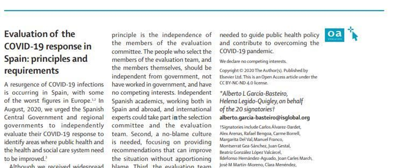 Fragmento de la segunda carta de los científicos españoles en The Lancet